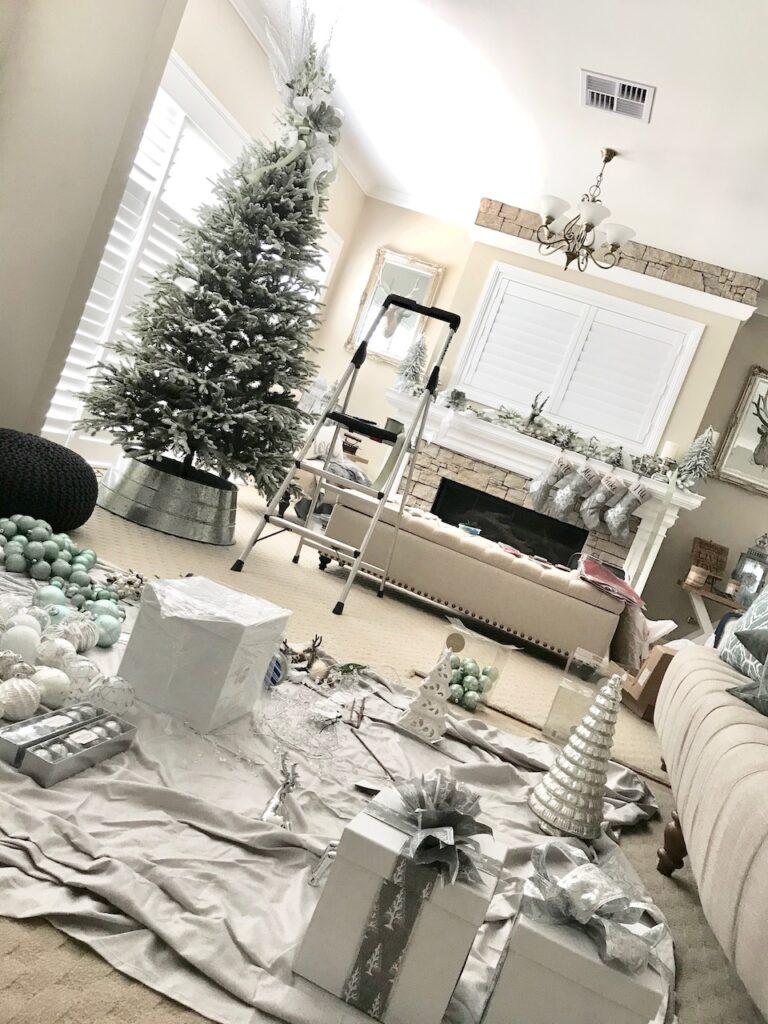 flocked-christmas-tree-setup-interior-christmas-decorating-sydney